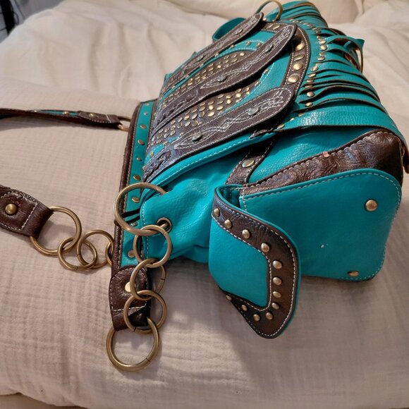 Teal and Brown Two Strap Shoulder Bag - Picture 5 of 10